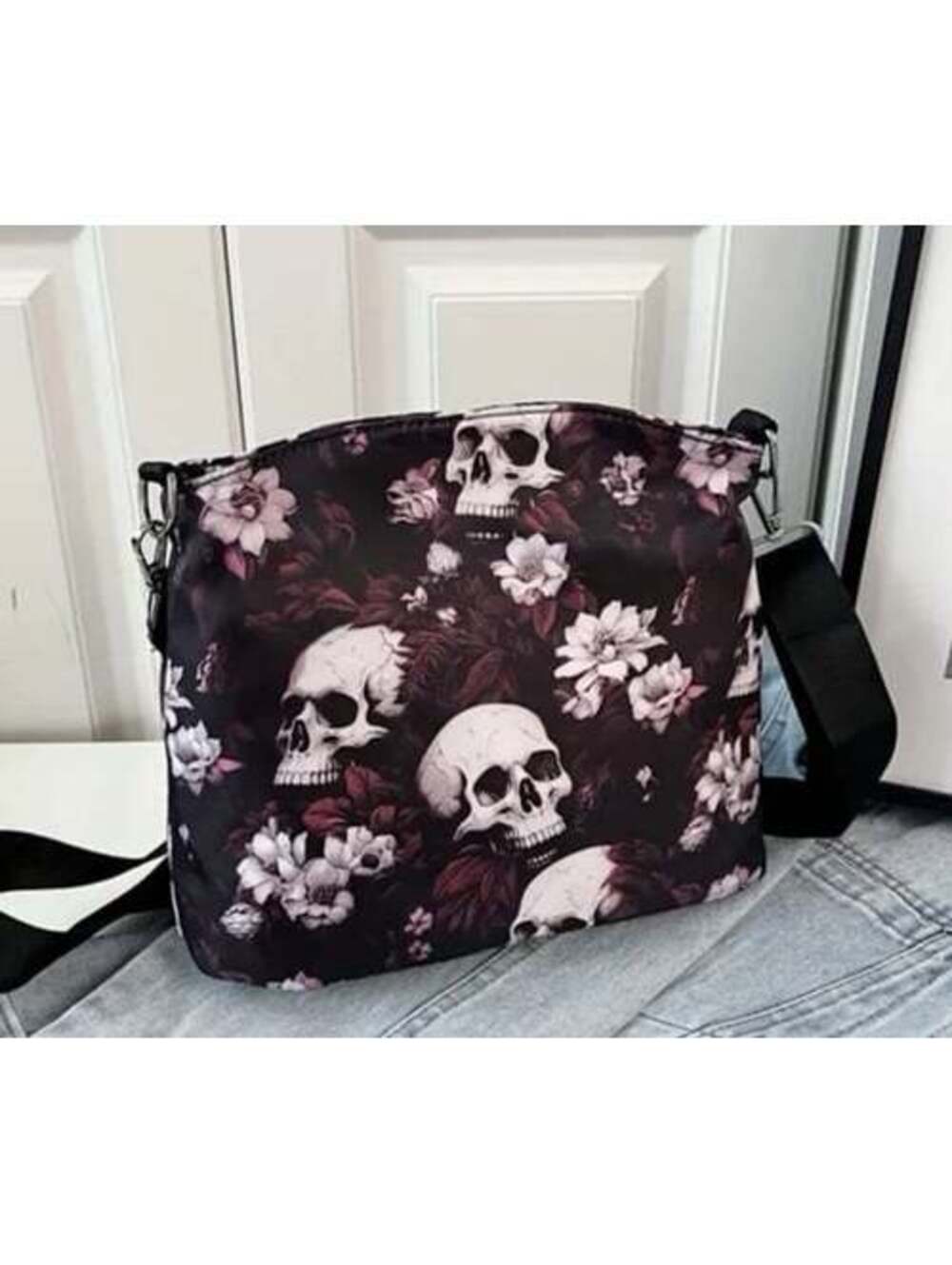New - Stylish and Trendy Crossbody Bag with Skull & Floral Accents